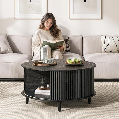 JOINICE,Black Round Coffee Table with Storage, 31.5" Fluted Center Table with Sliding Door, Modern Circle Drum Accent Table for Living Room, Sleek Wood Furniture for Small Spaces & Apartments