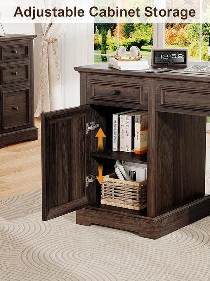 Vipbear 60" Farmhouse Executive Office Desk with Drawers and File Cabinet, Embossed Texture Wood Home Office Desk, Rustic Computer Desk, Workspace for Work Study Writing, Dark Brown