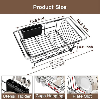 Over the Sink Expandable Dish Drainer Drying Rack In Stainless Steel for Small Kitchen, Counter Space Saving Modern Compact Metal Above Plate Dryer Strainer, Adjustable Hanging Inside Drain Holder