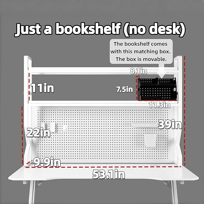 Desktop Hutch Bookshelf,Many Gifts,Metal Desktop Bookcase with pegboard, Desk Shelf White, Countertop Storage Organizer Rack for Dorm or Office,Desktop Shelves(White, 53.1" Lx9.9 Wx39 H)