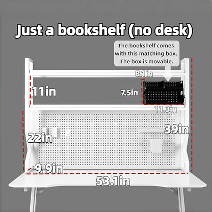 Desktop Hutch Bookshelf,Many Gifts,Metal Desktop Bookcase with pegboard, Desk Shelf White, Countertop Storage Organizer Rack for Dorm or Office,Desktop Shelves(White, 53.1" Lx9.9 Wx39 H)