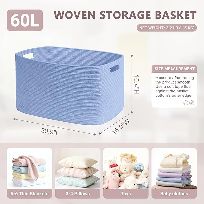 SunNewt 60L Small Baby Girls Laundry Basket for Nursery Storage,Cute Woven cotton Rope Baskets for Kids Toy，Gifts, Boho Square Wicker Blanket hamper for Living Room,Bedroom Dirty Clothes,Blue Purple