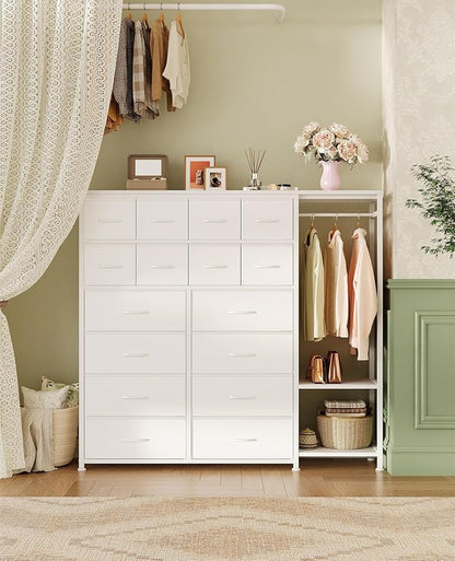 GarveeHome Dresser with 16 Drawers & Hanging Rod & Shelves, Fabric Storage Organizer for Bedroom, Closet, or Entryway