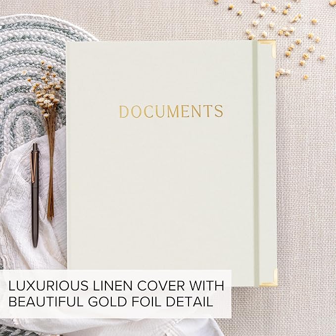 Important Document Organizer Set with Folders - Complete Linen Ring Binder Set Safely Stores All Documents & Files in One Place - Easy to Use Expanding Storage Incl. Envelopes, Pockets & Labels