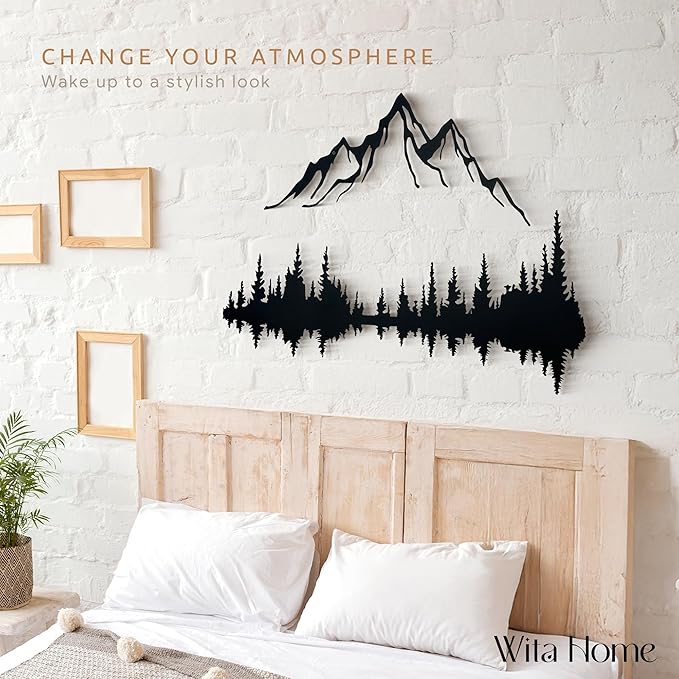 Wita Home Mountain and Forest Metal Wall Art, Wall Mounted Home Decor, Pine Trees Wall Art for Living Room, Bedroom or Office, Large Outdoor Wall Decor, Nature Christmas Decor (Black, 40x27 inches)