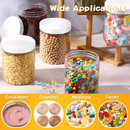 Irenare 24 Pcs 16 oz Plastic Jars with Lids Clear Plastic Containers Wide Mouth Food Mason Jars Airtight Storage Containers for Cake, Dried Fruit, Honey, Nuts, Carft, Scrub Cream(White Lids)