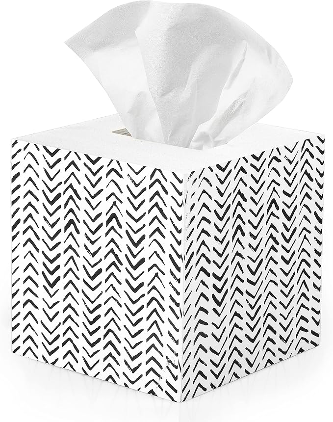 Ilyapa Wooden Tissue Box Cover, White Wood Herringbone Design - Modern Printed White Wooden Tissue Holders