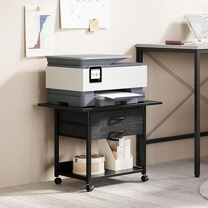VENNQD Large Printer Stand with Storage Fabric Drawer Under Desk Printer Table with Wheels for Home Office, Printer Cart fit Fax Machine Scanner 23.4"x15.7" (Black, 2 Tiers)