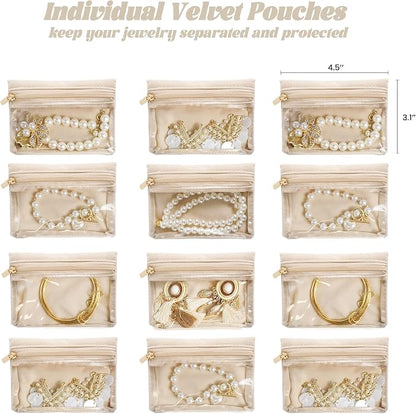 Travel Jewelry Case, Small Travel Jewelry Box with 12 Velvet Jewelry Bag Mini Pouch, Portable Travel Jewelry Organizer for Rings Earrings Necklaces (Beige 12 Pcs)