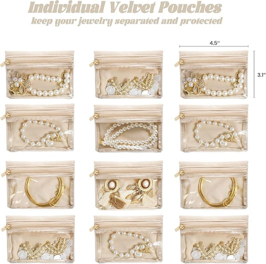 Travel Jewelry Case, Portable Jewelry Box with 6 Jewelry Bags,Travel Gift for Women Teen Girls (Pink 12 Pcs)
