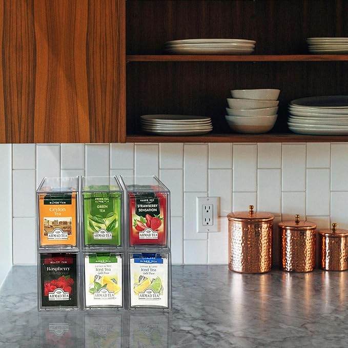 AZEZO 6-Pack Tea Bag Drawers Organizer - 6 Clear Plastic Drawer Tea Bag Holder; Stackable & Portable; Wider Size; Well-Organized Storage for Tea Bags Storage Chests；High Volume