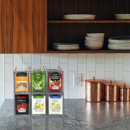 AZEZO 6-Pack Tea Bag Drawers Organizer - 6 Clear Plastic Drawer Tea Bag Holder; Stackable & Portable; Wider Size; Well-Organized Storage for Tea Bags Storage Chests；High Volume