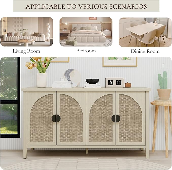 Sideboard Buffet Cabinet, 4-Door Rattan Storage Cabinet, Coffee Bar with Adjustable Shelf, Accent Furniture for Living Room, Dining Room, Home Office, Natural