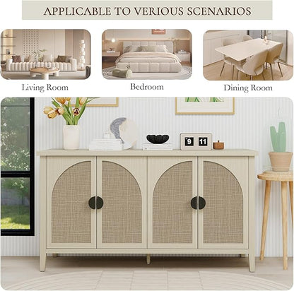 Sideboard Buffet Cabinet, 4-Door Rattan Storage Cabinet, Coffee Bar with Adjustable Shelf, Accent Furniture for Living Room, Dining Room, Home Office, Natural