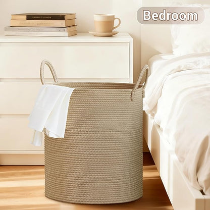 SunNewt Tall Laundry Basket with Handles, 88L Portable Dirty Clothes Hamper, Boho Cotton Rope Storage Bin for Blankets Kids Toys Gifts, Large Organizer for Baby Nursery Bedroom Bathroom, Jute
