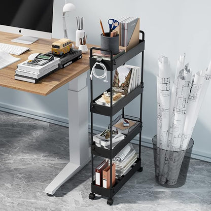 SOLEJAZZ Slim Rolling Storage Cart with Wheels 4 Tier Skinny Bathroom Storage Organizer Narrow Shelf Unit Thin Laundry Room Utility Cart for Bedside Kitchen Office Next to Fridge Small Places, Black