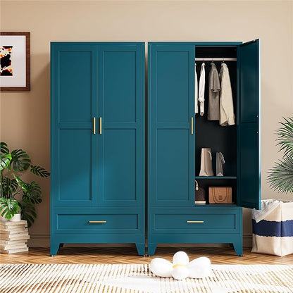 COFaR Metal Wardrobe Closet, 71" Armoire Cabinet with Drawer & Hanging Rod, Freestanding 2-Door Clothing Storage with Adjustable Shelf, Elegant Bedroom Organizer (Peacock Blue)