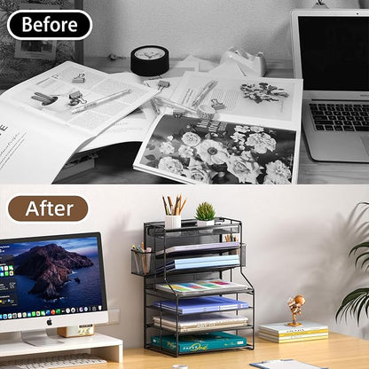 7 Tier Desk File Organizer,Metal Document Holder with Adjustable Shelves, Pull-Out Drawer & Removable Pen Holder for Office Organization,Black