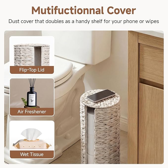 StorageWorks Free Standing Wicker Toilet Paper Holder Stand for Bathroom Storage, Decorative Water Hyacinth Toilet Paper Storage with Lid, 3 Rolls of Tissue Holder with a Built-in Cloth Lining, White