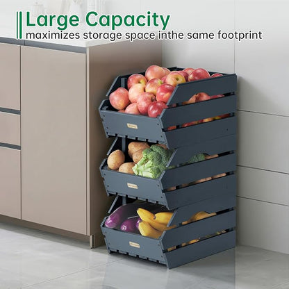 Wood Potato Onion Storage Bins - Wooden Stackable Produce Basket - Fruit Vegetable Storage for Kitchen Pantry Organization, Set 3 Pieces