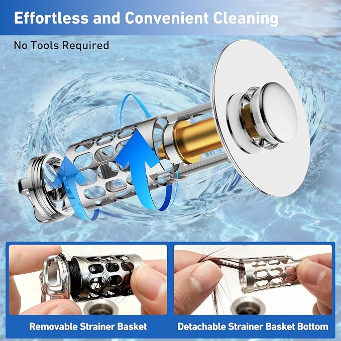 3 in 1 Bathroom Sink Stopper, Pop-up Bathroom Sink Drain Strainer with Removable Brass Basket Catcher, Easy to Clean Drain Catcher, Universal Sink Plug for 1.1 to 1.6in Drain Hole (2 Pack, Silver)