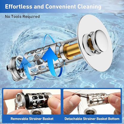 3 in 1 Bathroom Sink Stopper, Pop-up Bathroom Sink Drain Strainer with Removable Brass Basket Catcher, Easy to Clean Drain Catcher, Universal Sink Plug for 1.1 to 1.6in Drain Hole (2 Pack, Silver)
