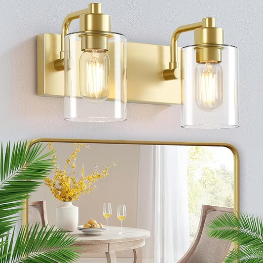 Gold Bathroom Light Fixtures,2-Light Bathroom Lights Over Mirror with Clear Glass Shade,Gold Light Fxiture Wall Sconces for Kitchen Living Room Bedroom