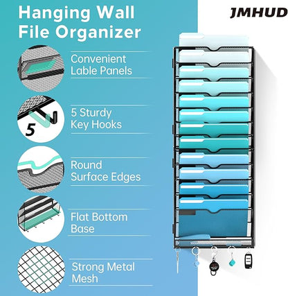 13 Tier Wall File Organizer - Hanging File Organizer with 5 Hooks, Mail Holder Wall Mounted for Papers, Folders, Magazines, Bills, Office&School Organization, Black