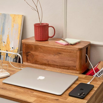 Large Cable Management Box - Acacia Wood - Cable Organizer Box and Power Strip Box for Electrical Cord Management - Hide Desk Cord and Floor Cables - Wire Storage and Organization for Cords
