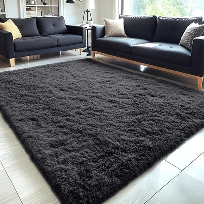 OLANLY 5x11 Machine Washable Large Area Rugs for Living Room, Bedroom, Soft Fluffy Shaggy Bedside Rug, Indoor Floor Carpet for Kids Girls and Boys, Dorms, Nursery, Home Decor Aesthetic, Black