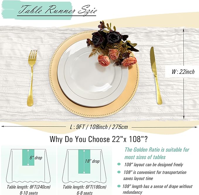 8 Pack White Cheesecloth Table Runner 22 x 108 inch Gauze Cheese Cloth Table Runner Bulk for Rustic Wedding Baby Shower Birthday Party Boho Table Decor