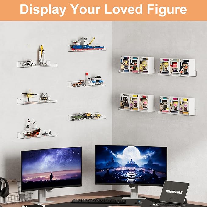 upsimples 14 Pack Acrylic Shelves Wall Organizer and Storage, 15" Display Shelf for Figure, Toy Cars, Perfume, Kids Bookshelf for Bedroom, Nursery, Craft Room, Clear