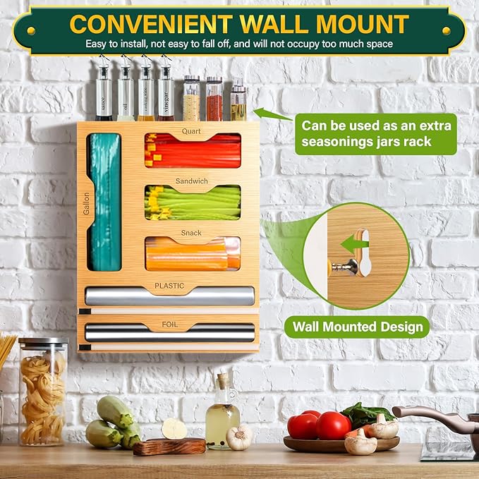 KOCWELL Bag Organizer and Plastic Wrap Dispenser with Cutter, 6 In 1 Bamboo Foil and Plastic Wrap Organizer for Kitchen Drawer, Food Storage Bag Organizer for Gallon,Quart,Sandwich,Snack(Yellow)