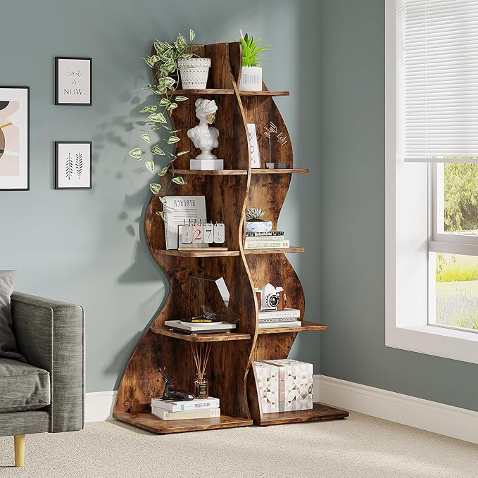 Tribesigns Corner Shelf, Rustic 5-Tier Wall Corner Bookshelf, Stylish Corner Small Bookcase Storage Rack Plant Stand with Unique Shape for Living Room, Home Office (1PC, Brown)