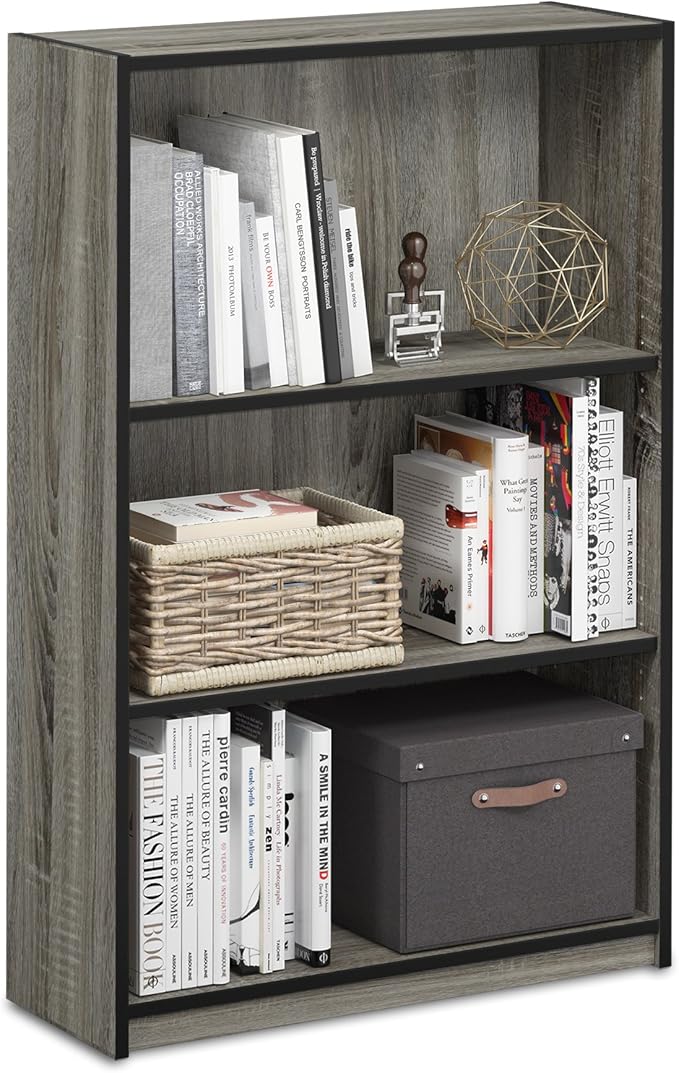 Furinno Jaya Book Shelf, 3-Tier Bookshelf, Bookcase with Adjustable Shelves, 9.5 x 24.5 x 40.3, for Living Room, Bedroom, Home Office, Grey Oak