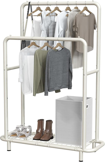 Simple Houseware Double Rod Clothing Garment Rack with Bottom Shelves, White