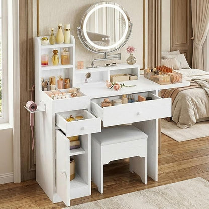 IRONCK Vanity Desk with 360° Rotating LED Mirror & Power Outlet, Makeup Vanity with 6 Slot Compartments & Storage Stool & Hairdryer Rack, White Dressing Table with Drop Leaf for Girls Women Bedroom