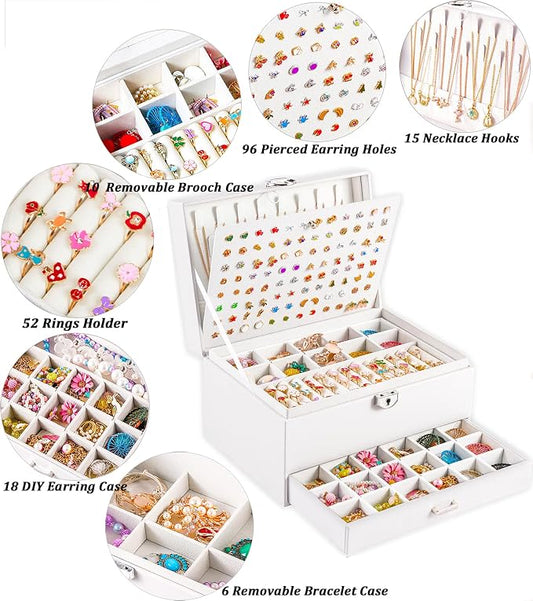 QBestry Earring Jewelry Box for Women Girls Stud Organizers, 5 Layers White Jewelry Organizer Box with Lock Necklaces and Earrings Holder Jewelry Box with Earring Organizer for Women Girls Xmas Gifts