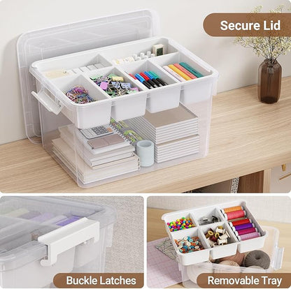 HOMETUK 80Qt Large Stackable Storage Bins with Lids & Trays, Clear Plastic Latching Boxes Organizers with Dividers Portable 20Gal Containers for Arts & Crafts, Home and Car Trunk Organization, 2Pack