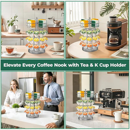 EsLuker.ly K Cup Holder Coffee Pod Organizer Carousel for Countertop, Rotatable Metal 4-Tier Storage Rack Stand for 30 K Cups & Tea Bags, Convenience Meets Elegance, Silver