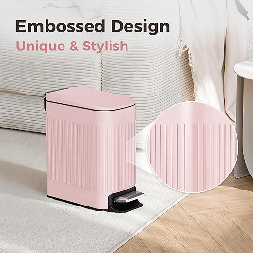 TrashAid Pink Bathroom Trash Can, 1.6 Gallon Stainless Steel Small Garbage Can with Lid, Step Pedal, Cute Wastebasket for Bathroom, Office, Bedroom, RV, Pink
