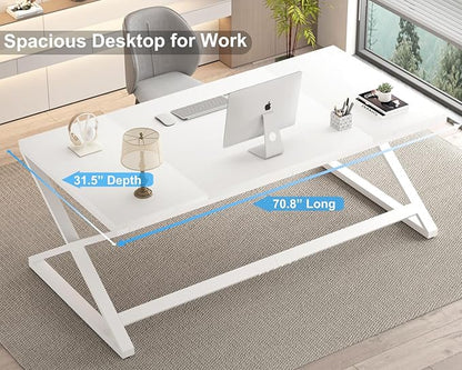 IBF Long White Computer Desk, Modern Simple Large Home Office Desk, Wood Metal Work Study Writing Table for 2 Monitors, Double Pc Gaming Executive Workstation in Bedroom Living Room, White Oak,70 in