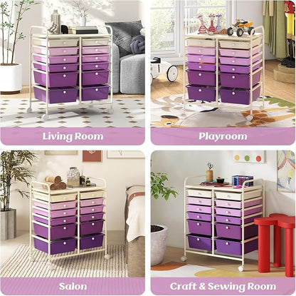 GOFLAME 12-Drawer Rolling Storage Cart, Multipurpose Organizer Cart with 2 Sizes Plastic Drawers, Mobile Utility Cart with Lockable Casters for School, Home Office, Beauty Salon, Purple Gradient