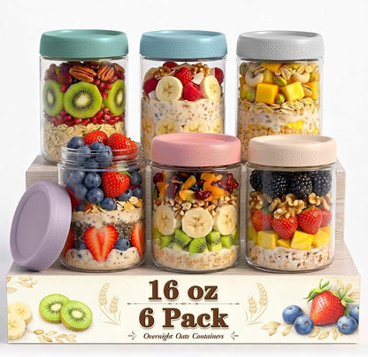 Mason Jars, 16oz Overnight Oats Containers with Lids, 6 Pack Wide Mouth Glass Mason Jars with Airtight Lids, Sugar Bowls, Overnight Oats Jars for Yogurt, Meal Prep, Chia Pudding
