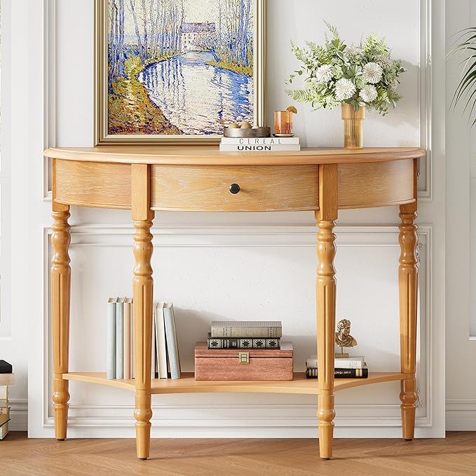 Amposei Small Curved Console Table 39-Inch Retro Farmhouse Wood Entry Sofa Table with Drawer & Storage Shelf for Living Room Hallway Entryway Furniture, Natural