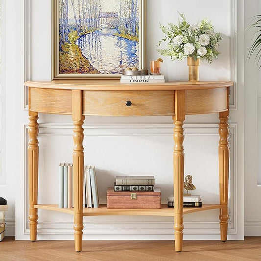 Amposei Small Curved Console Table 39-Inch Retro Farmhouse Wood Entry Sofa Table with Drawer & Storage Shelf for Living Room Hallway Entryway Furniture, Natural
