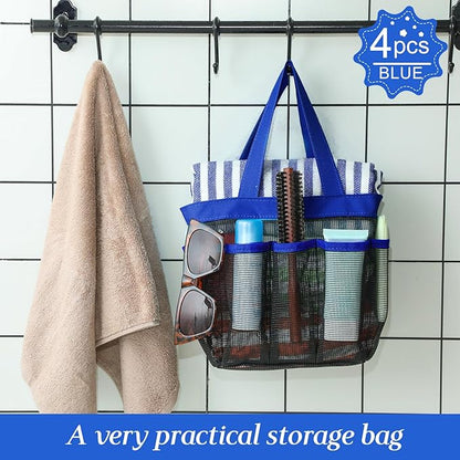 Hillban 4 Pcs Mesh Shower Caddy Portable Shower Caddy for Dorm Beach Mesh Bags with Deeper 8 Pockets and Handles Showers Caddies Basket for Women College Room Vacation(Blue)