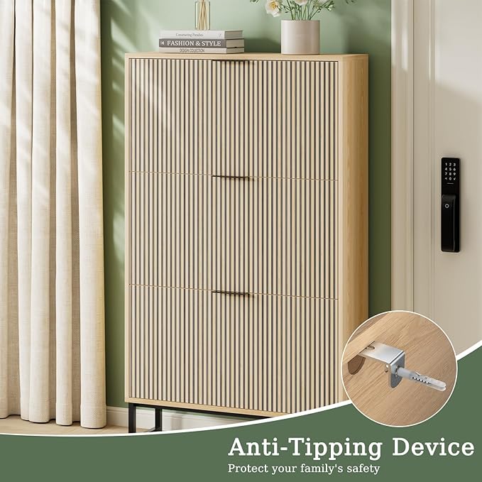 Shoe Cabinet Storage with 3 Flip Drawers, Shoe Organizer Cabinet for Entryway, Modern Freestanding Hidden Shoe Rack Organizer Shoe Cupboard for Hallway, Natural Wood