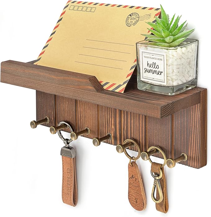 Rebee Vision Rustic Pine Wood Key Holder Wall Mount - Fun Key Holder for Wall with 7 Hooks and Charming Wall Shelf for Hanging Hats & Place Small Items - Stylish Home Decor Must-Have.(Retro Brown)