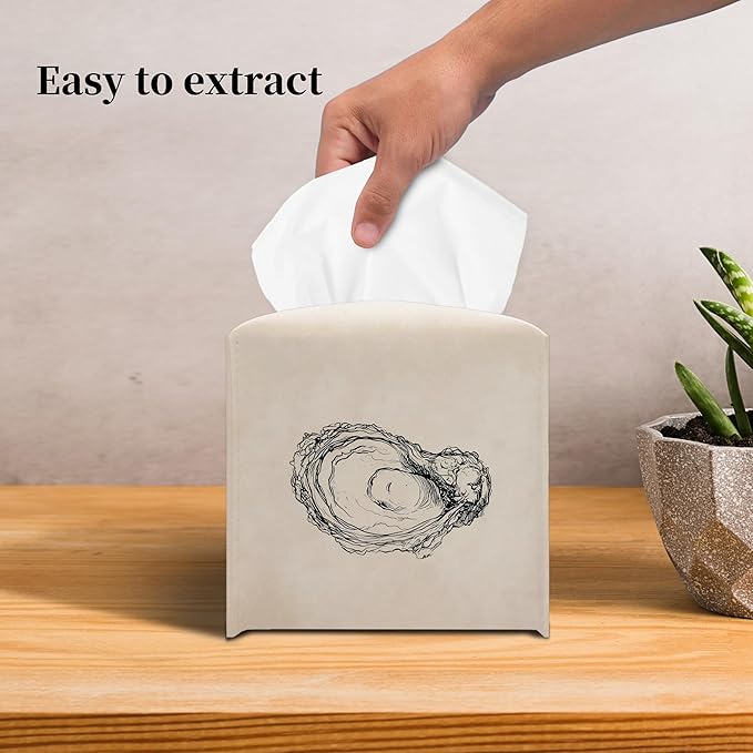 Grace Yonks Minimal Tissue Box Cover Square - Oyster Line Art Design 5.2" PU Leather Holder for Vanity, Desk, or Bathroom Counter - Cube Case for Facial Tissues. (112)